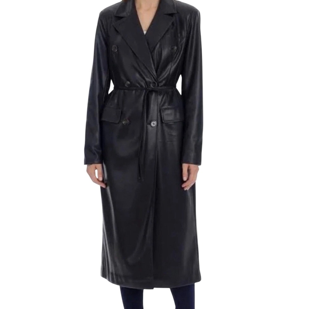 Avec Les Filles Black Faux Leather Double-Breasted Belted Trench Coat XL Womens